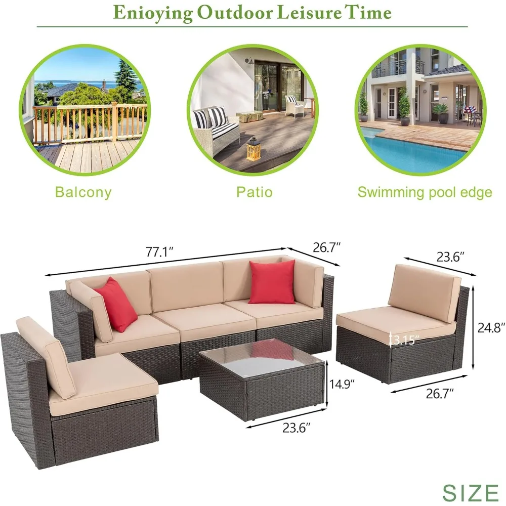 6 Piece Small Patio Furniture Sets, All Weather PE Wicker Rattan Outdoor Sectional Sofa with Glass Table, Cushions and Pillows