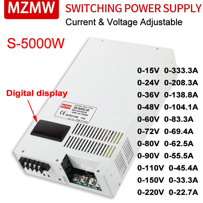 

MZMW Switching Power Supply 5000W 24/36/48/60/72/110/220V AC/DC High Power Digital Display Adapter Current&Voltage Adjustable