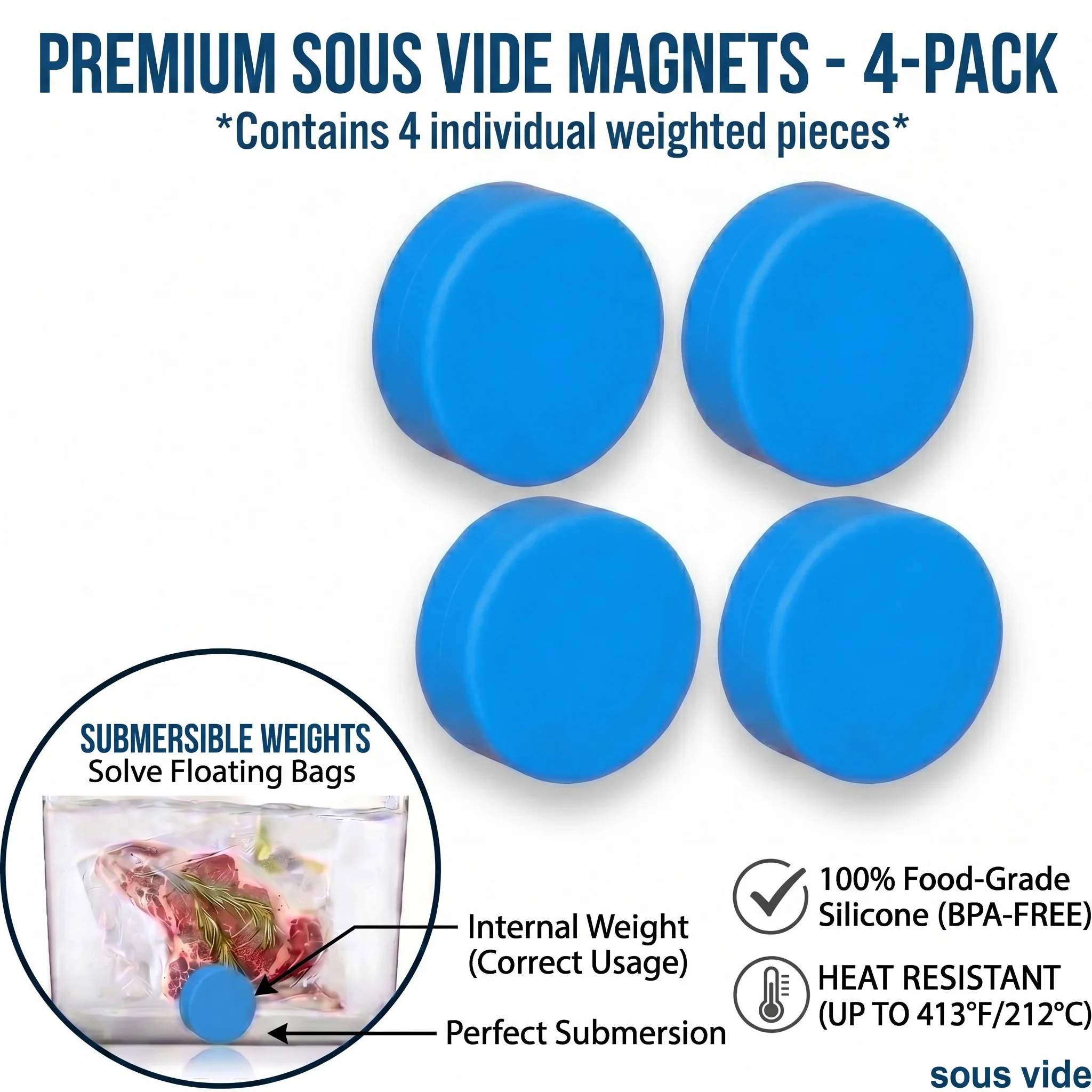 4 Pack Blue Sous Vide Magnets Food Grade Silicone Keeps Cooking Bags Fully Submerged Prevents Floating Water Bath Weighted Tools