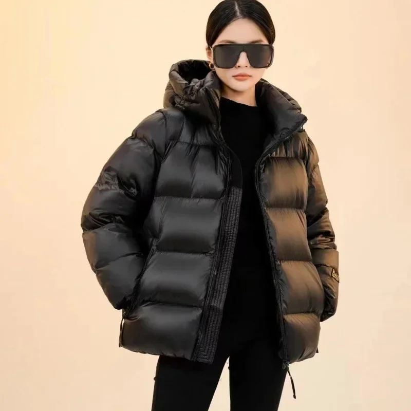 

Winter Black Gold Short 90% White Duck Down Jacket Women Luxury Thick Hooded Puffer Coat Loose Warm Windproof Snow Parka Outwear