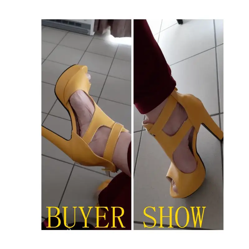 REAVE CAT Women Pumps High Heels Platform Shoes Peep Toe Buckle Spring Spike Heels Ladies Party Shoes Yellow Size 34-43 A1102