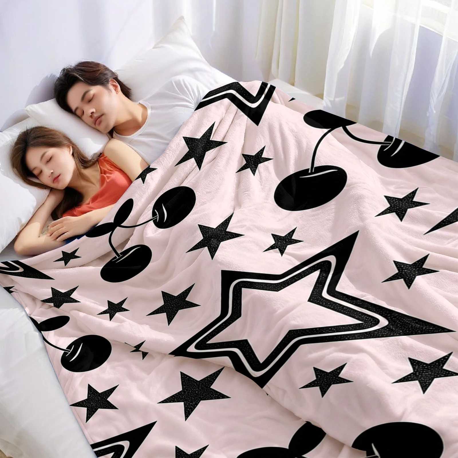 Cherry Star Print Christmas Fleece Throw Blanket Soft Warm Cozy Xmas Home Decor for Bed Sofa Couch Holiday Present