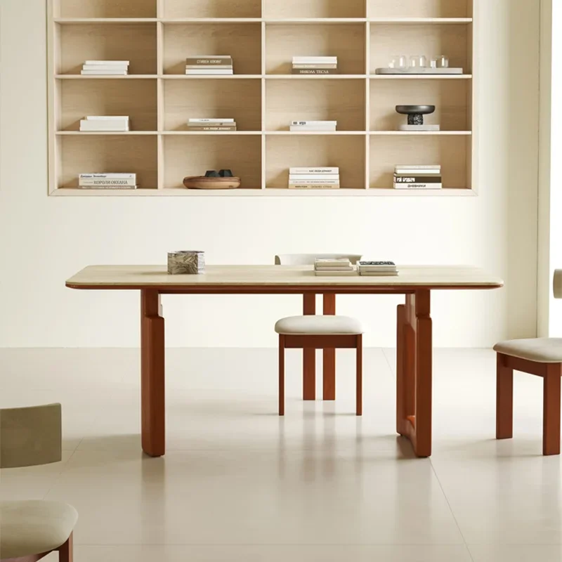 Italian Minimalist Rectangular Solid Wood Table for Small Household，Retro Mid‑Century Travertine Sintered‑Stone Dining Table