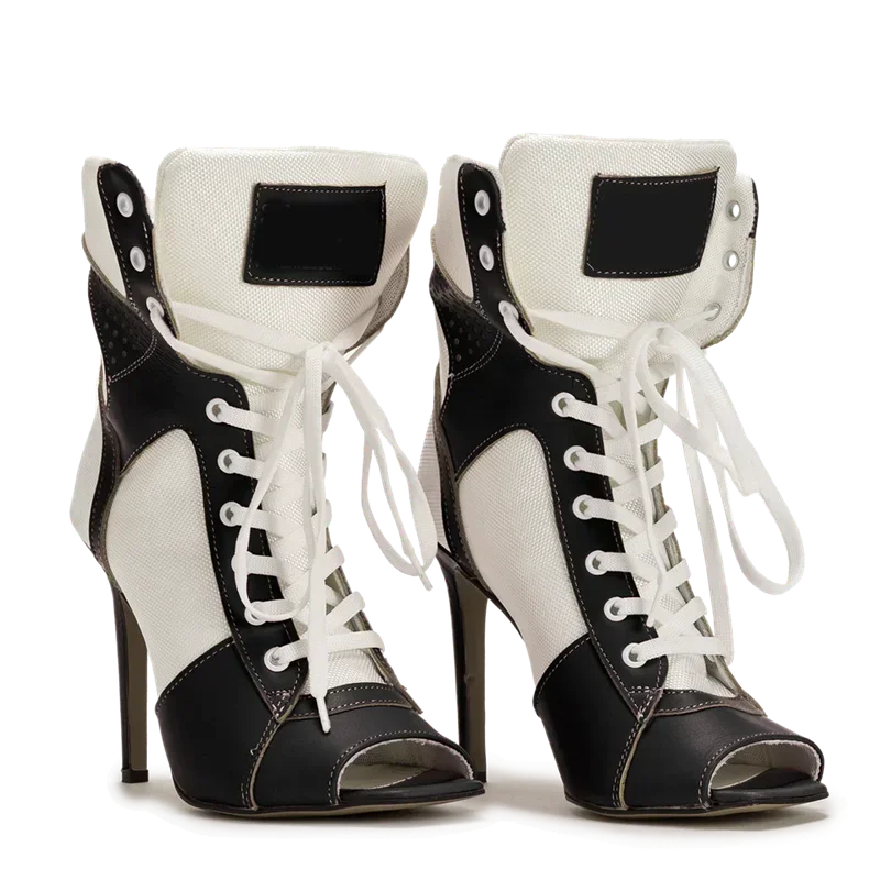 

Peep Toe Corss Tied Patchwork Ankle Boots Sexy Square Toe Thick Heel New Arrivals Fashion Women Runway Shoes