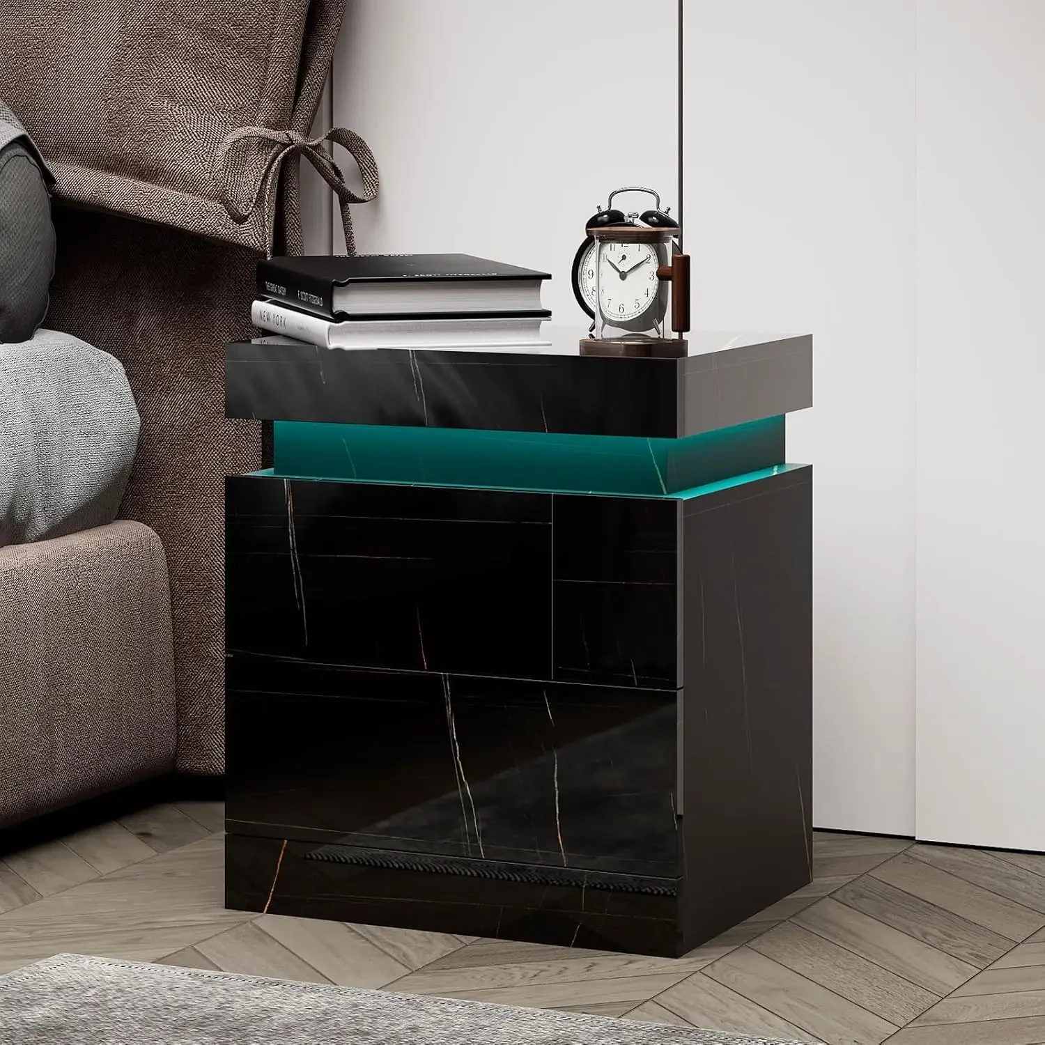 Black Faux Marble Nightstand Charging Station and LED Lights Modern High Glossy Nightstand Sliding