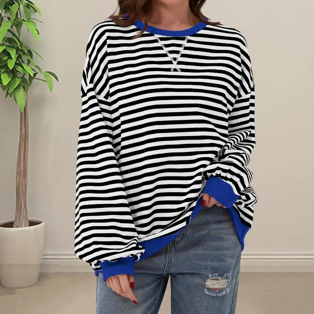 Long Sleeve Spring T-shirts Women Simple Pure Striped Design Retro Ins Ladies Tees Top All-match BF Style