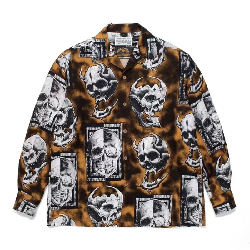 

WACKO MARIA Arrival Polyester Skull Printing New Long Sleeve Breathable Men Women Oversize Button Lapel Hawaiian Thin Shirt TEE