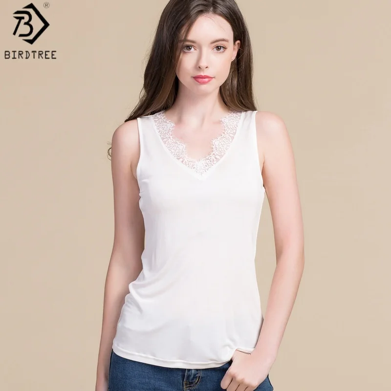 Birdtree, 25% Real Silk Lace Tank Top, Woman's Basics Knitted Tops, V-neck Slim Thin Vest, 2026 Autumn New,Black, White T6O616JF