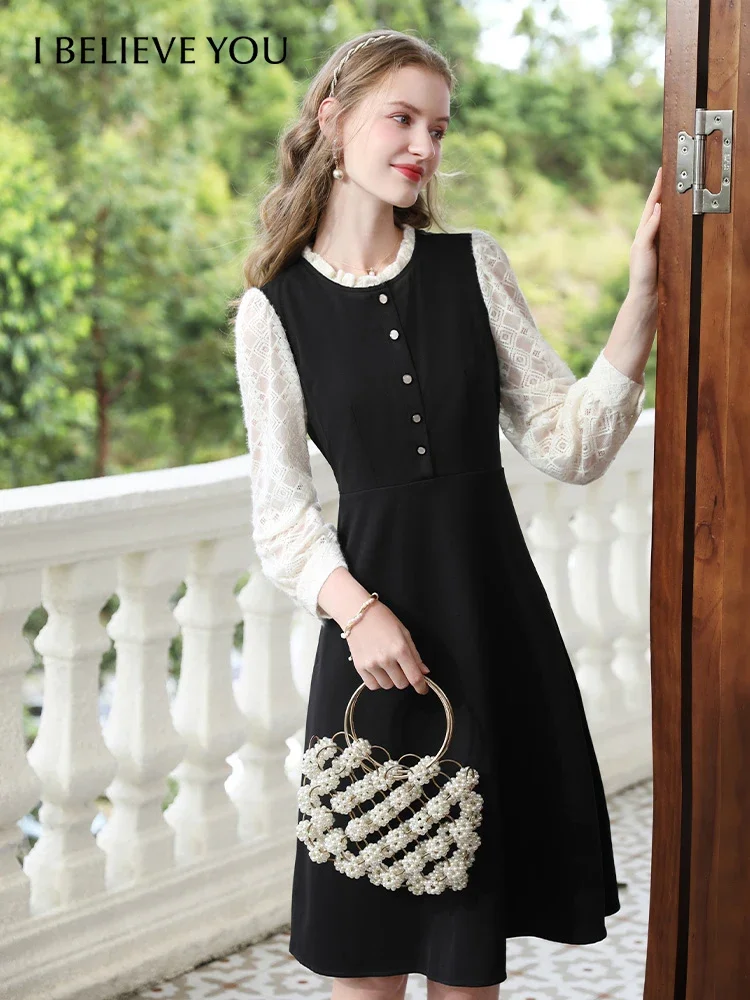 I BELIEVE YOU Women Dresses 2024 Autumn New A-line Black French Lace Patchwork Long-sleeve Gentle Midi Female Dresses CLQ235408A