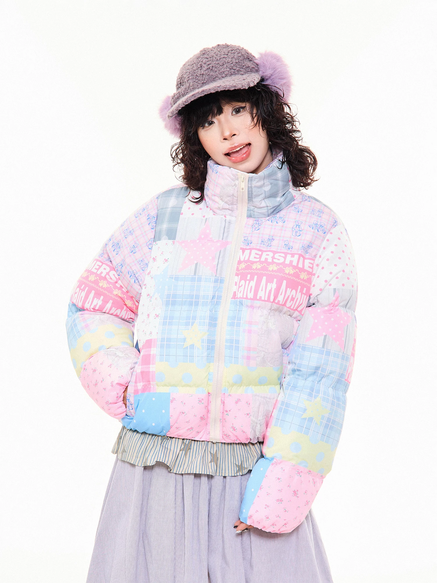 

MKGO Women's Plaid Cotton Jaet Stand Collar Bread Sle Loose Winter Warm ort Top Korean Version Printed Polyester Fiber