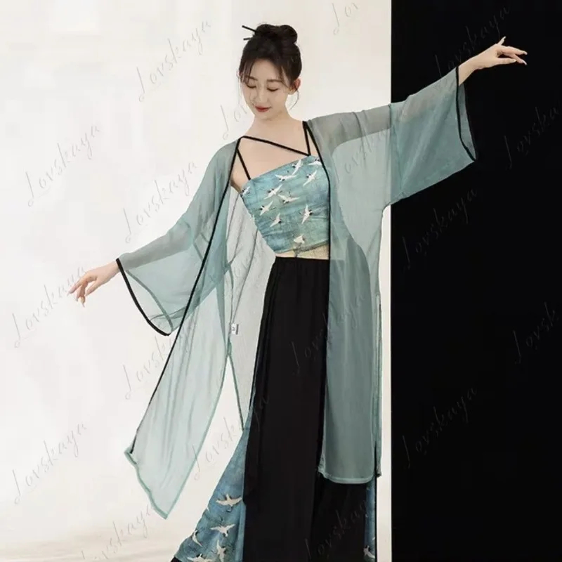 

Retro Oriental Flowy Mesh Dance Wear Printed Trouser Skirt Suit