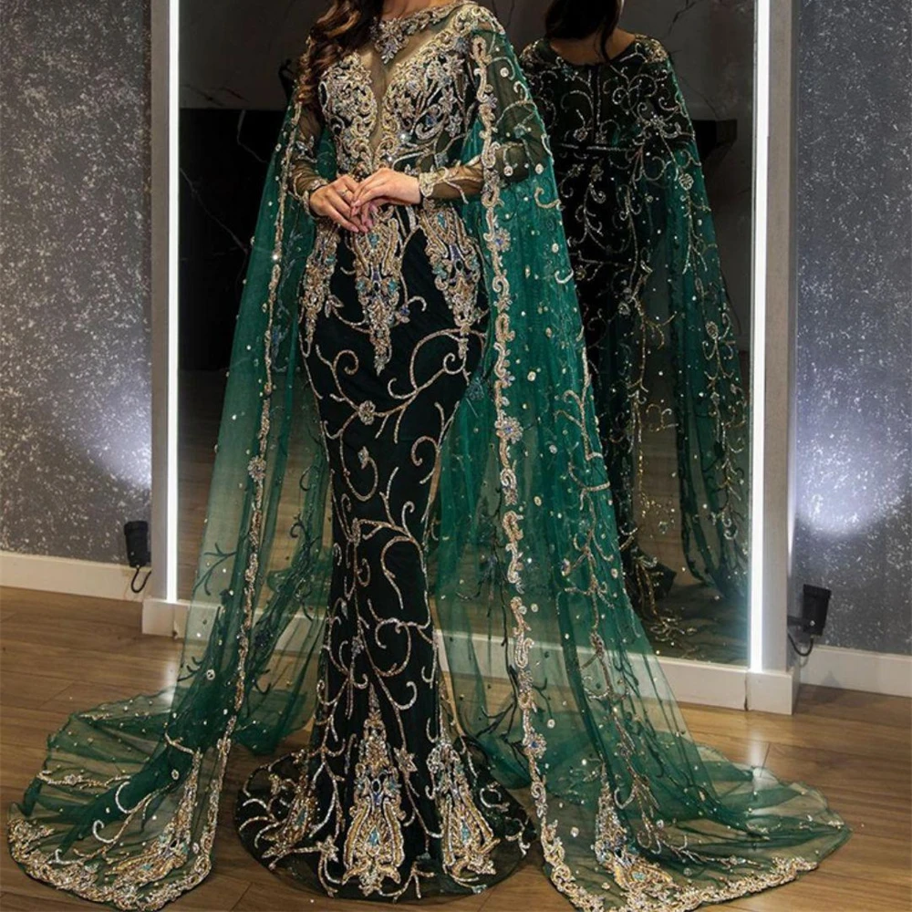 Gorgeous Emerald O-neck Long Sleeve Prom Gown Sparkly Crystal and Beads Luxury Evening Dress Detachable Cape Applique Mermaid