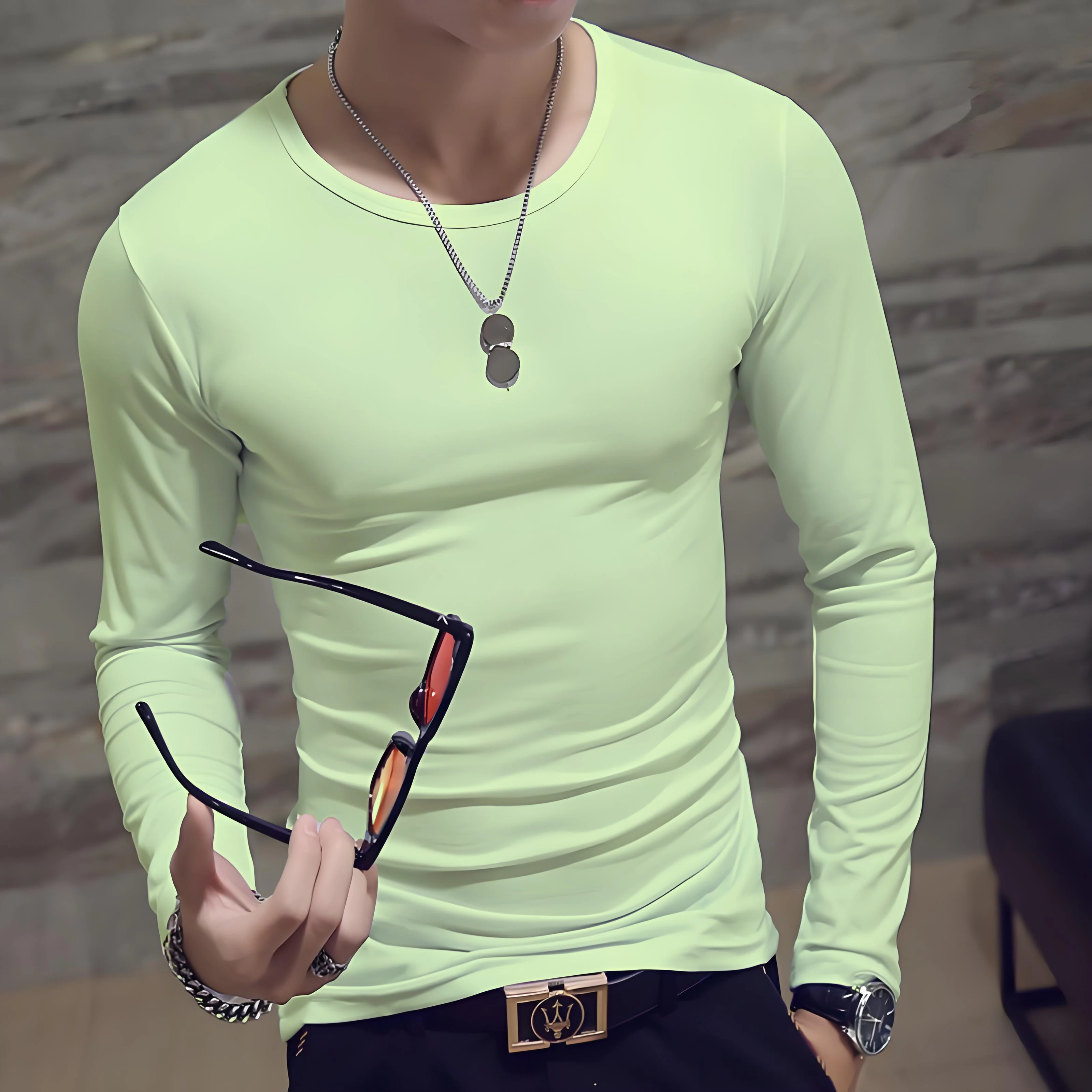 Men's casual fashion solid color long-sleeved round neck T-shirt classic men's spring and autumn thin comfortable top image 4
