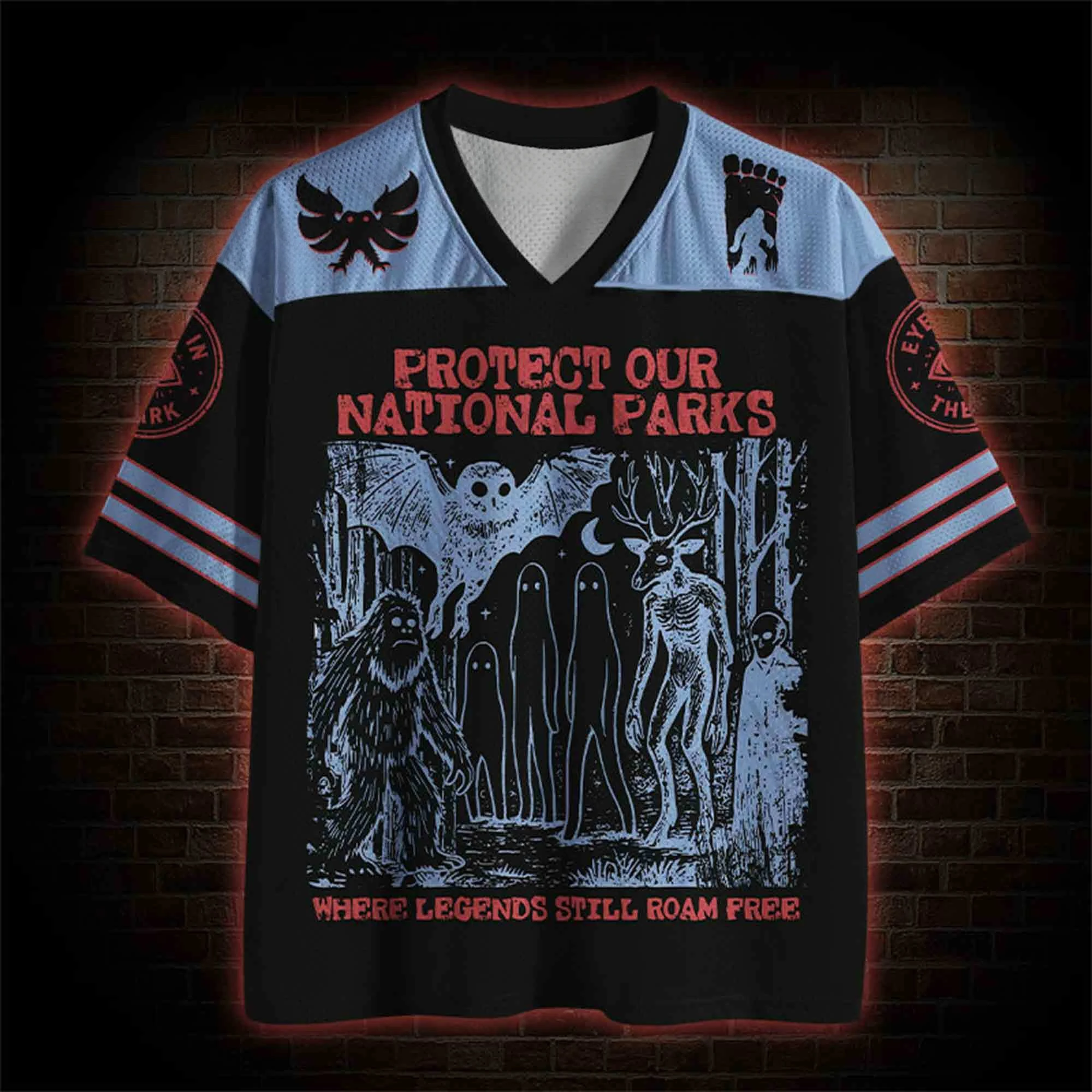 Protect Our National Parks Front Back Print Jersey Shirt Unisex Oversized Black Blue Mesh Short Sleeve Cryptid Streetwear Top
