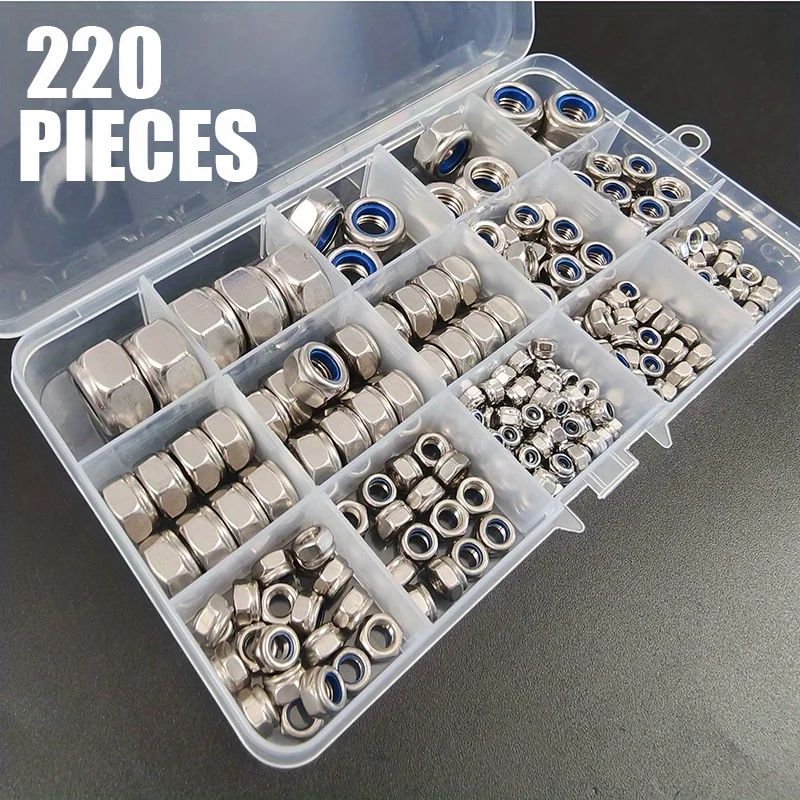 220pcs Stainless Steel Metric Locking Bolt Kit, Nylon Insert Hexagon Locking Bolt M3 M4 M5 M6 M8 M10 M12, Polished Surface, Corr