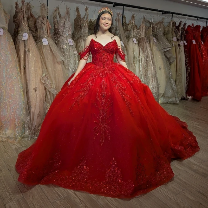 

Red Shiny Ball Gown Quinceanera Dresses Applique Lace Beading Crystal Tull Corset Off Shoulder Sweet 16 Dress Vestidos 15 De