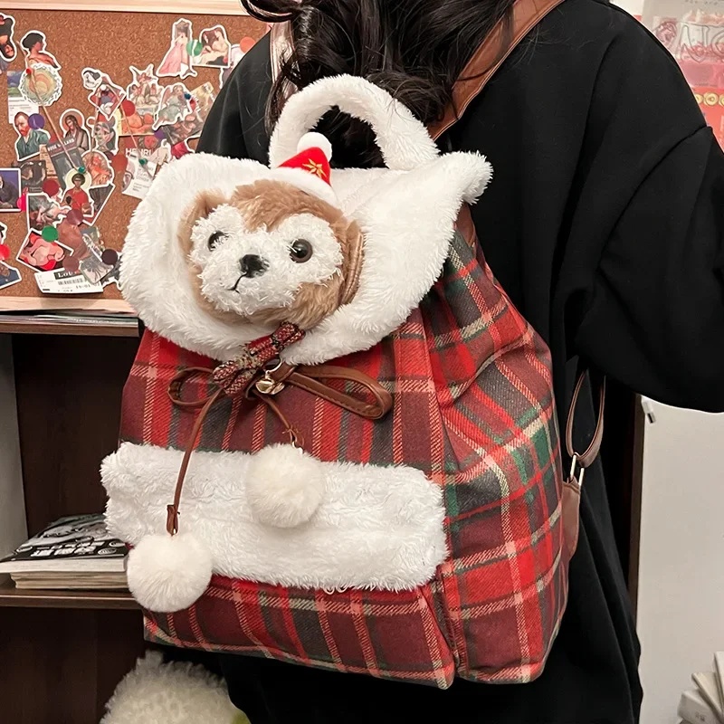 Disney New Duffy Bear Plush Cartoon Backpack Kawaii Christmas Style Large Capacity Convenience Bag Fashion Women Backpack MINISO