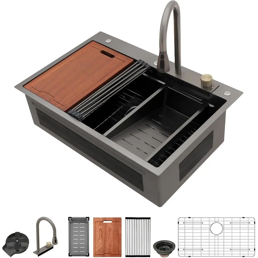 

Кухонная мойка 33x22 дюймов, цвет оружейной стали (черный), с выдвижным смесителем и омывателем для стаканов