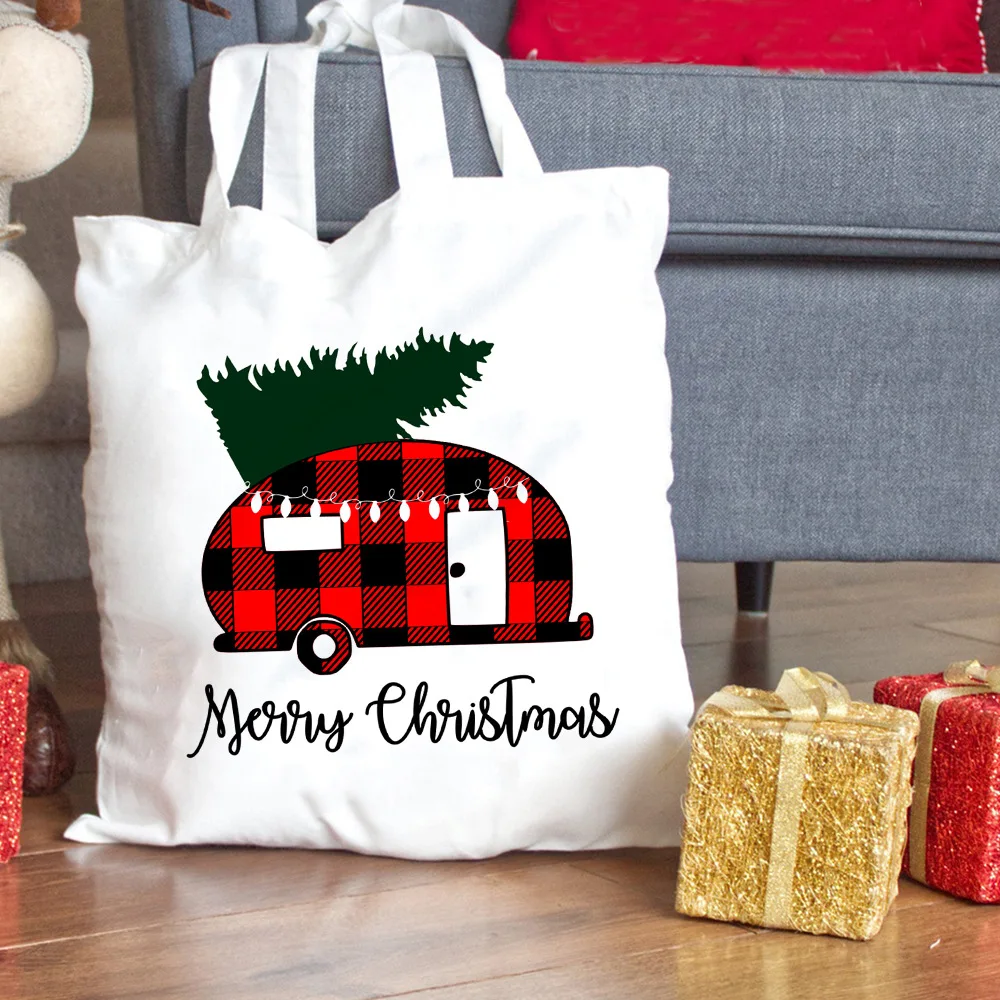Bolsa tote de lona com tema de natal, caixa de presente de feliz natal, xadrez de árvore, bolsa de compras de ombro festiva para mulheres