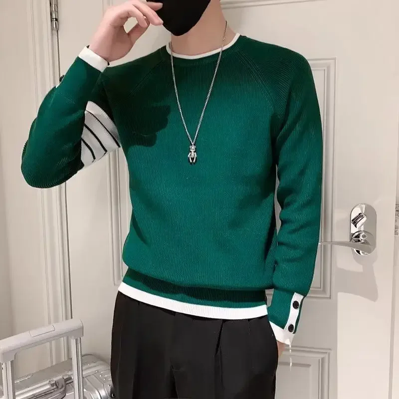 Men\'s Clothing Striped Green Pullovers Knit Sweater Male Splicing Casual 90s Vintage Old Wool Spring Autumn Sheap Cheap V Tops A