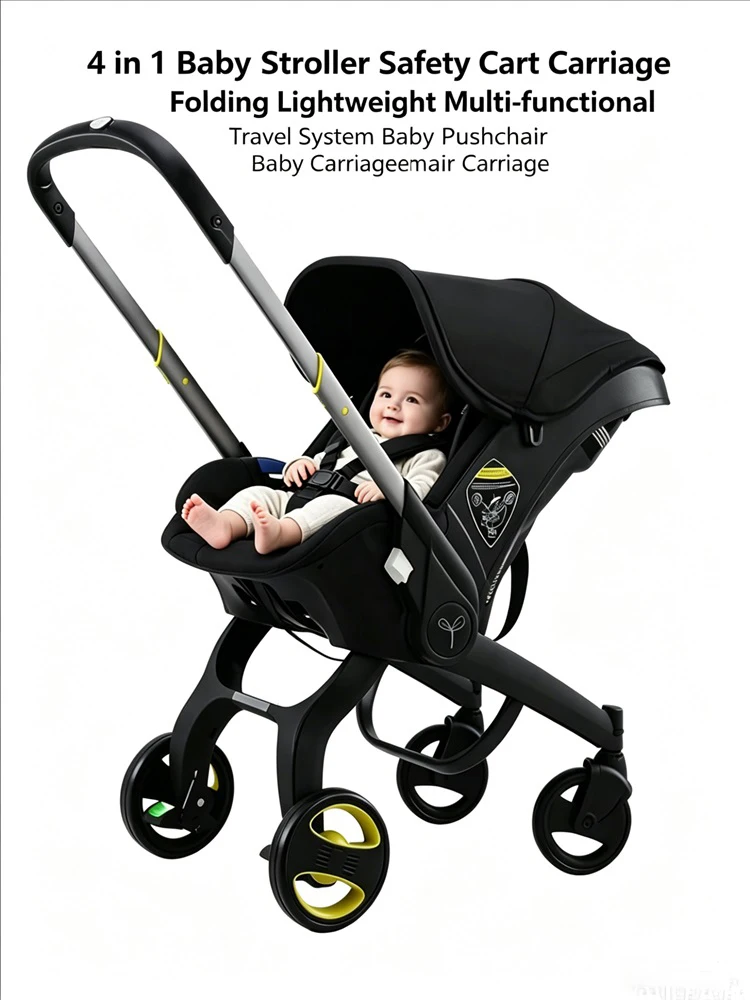 4-in-1 Vielseitiger Allzweck-Kinderwagen, Platzsparender Kompakter Faltbarer Robuster Rahmen, Mehrfach Verstellbarer Weicher Polstersitz, Stoßdämpfende Verschleißfeste Räder, Komfortables & Sicheres