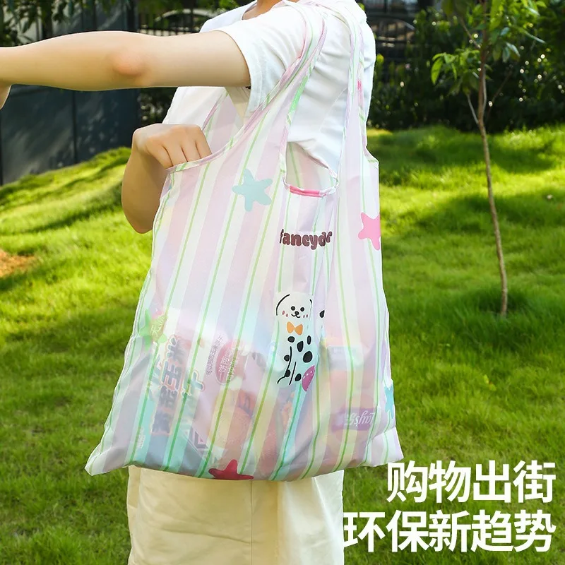 

Portable Foldable Reusable Shopping Bag, Cartoon Design Waterproof Oxford Tote, Lightweight Collapsible Grocery Bag with Handles
