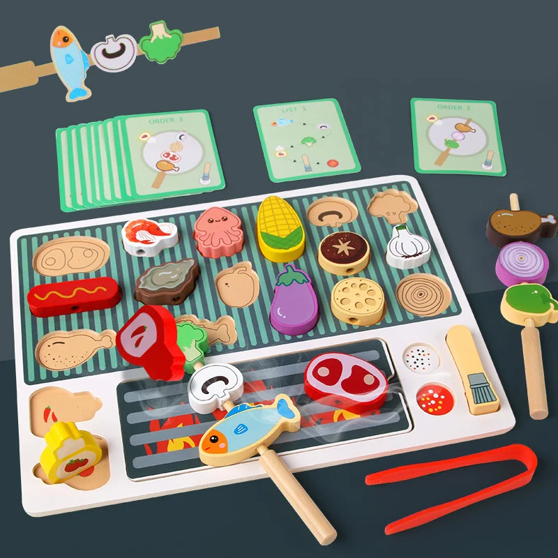 Wooden Barbecue Grill BBQ Skewer Play Food Toy for Pretend Play Making Cooking for Kid Simulation Food Matching Game Toy Gift