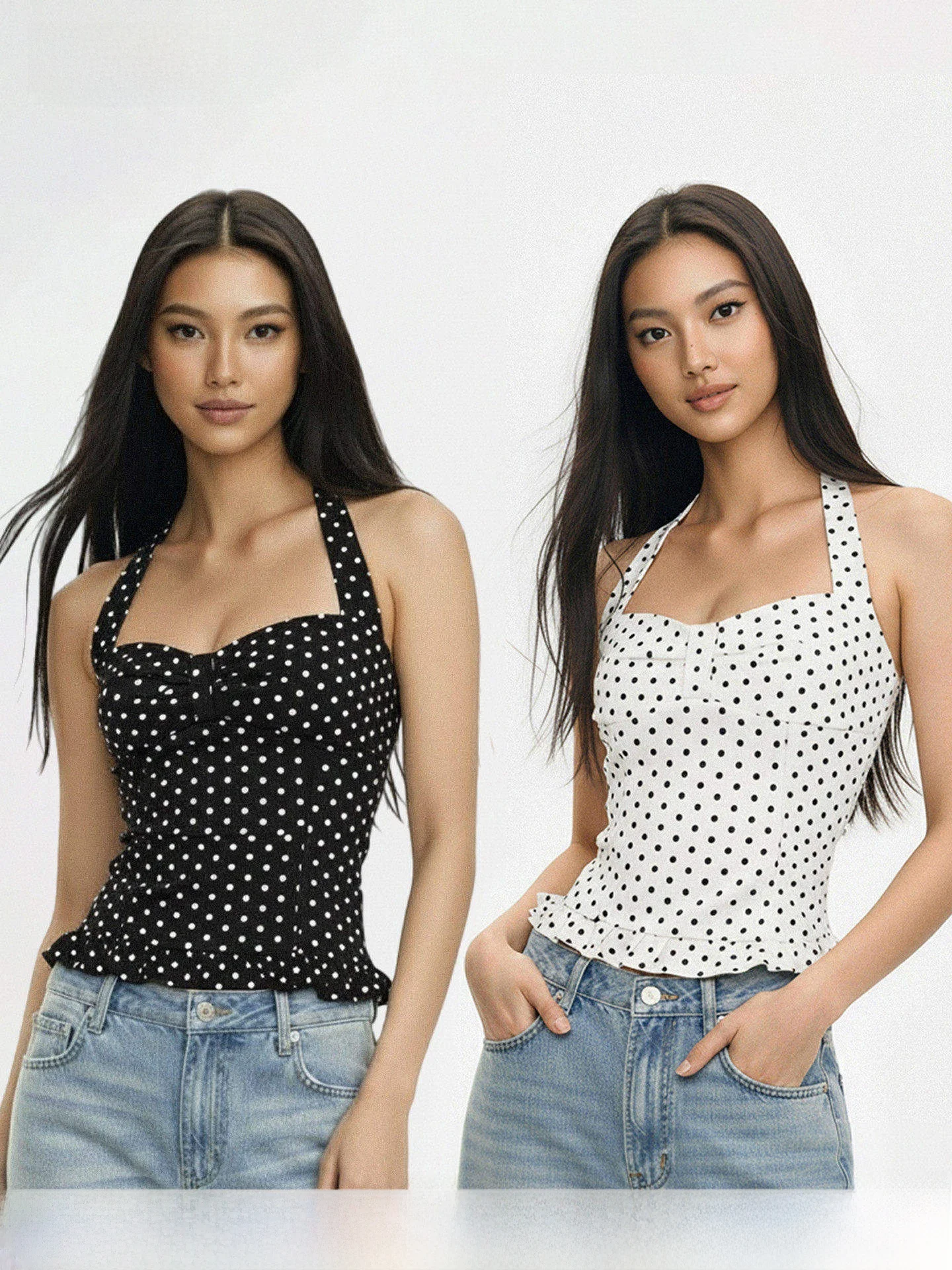 

Slimming Polka Dot Neline Tie Waist Vest Fene Ruffle Hem Fit And Flare Strap Design Casual Workwear ort Length Top
