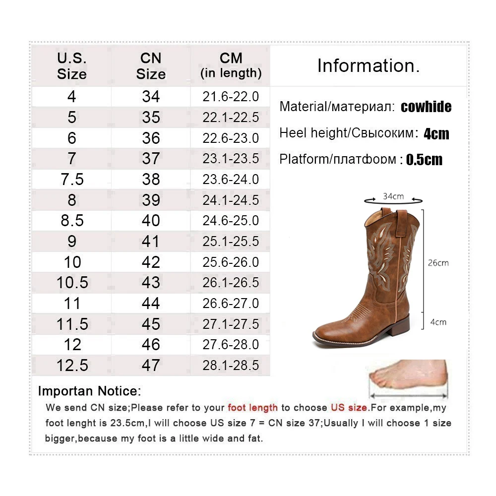 New Brown Leather Mid-Calf Boots Western Cowboy Boots Women Square Toe Retro Thick High Heels Knight Boots Winter Botines Mujer