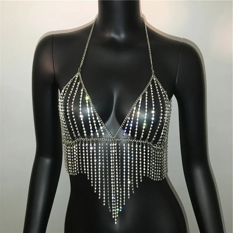 Silver Bling Tassel Rhinestone Hollow Out Crop Tops Women Summer Sexy Gold Diamond Body Metal Chain Party Club Dance Cami Top