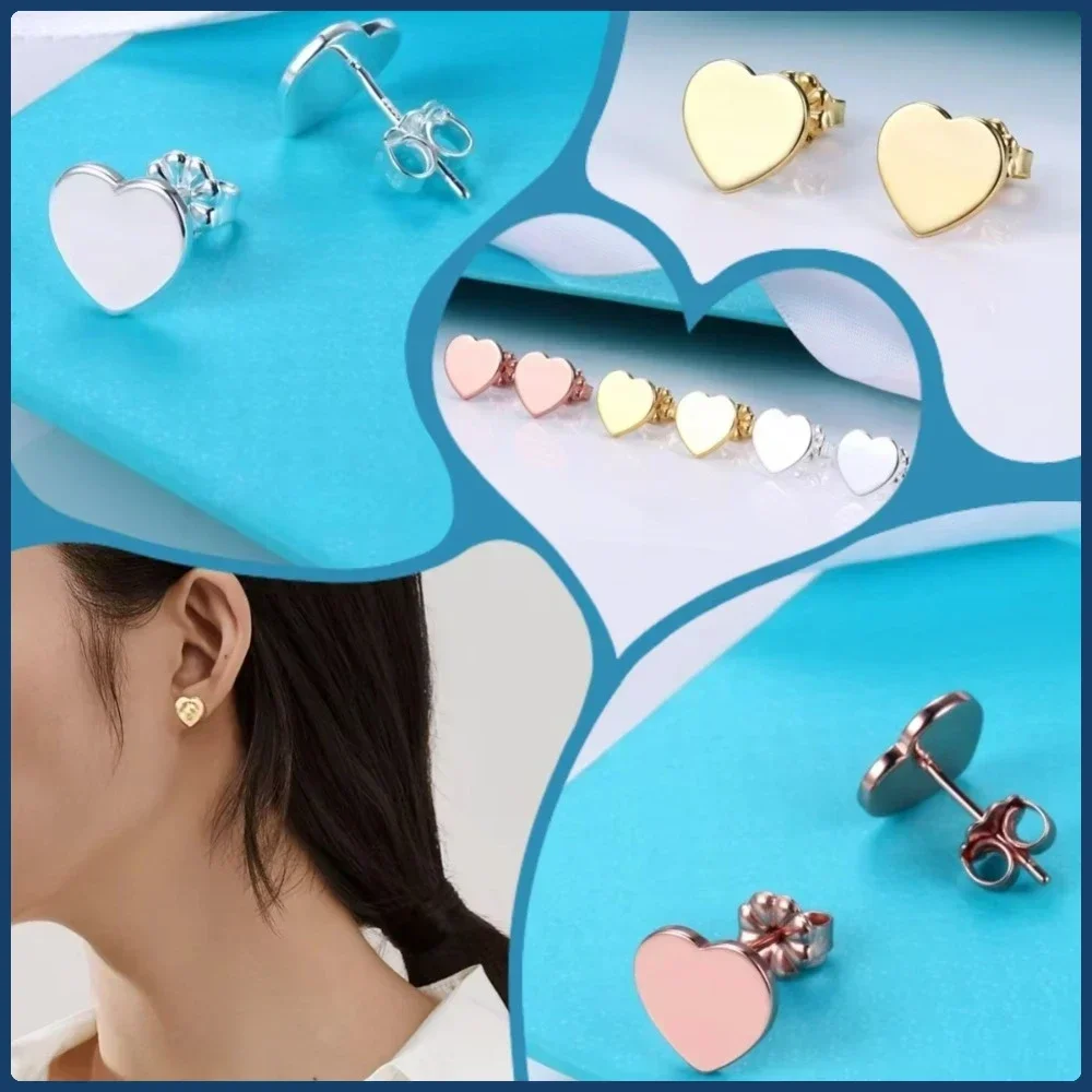 

S925 Sterling Silver Heart & Peach-Shaped Logo Earrings, Simple & Exquisite