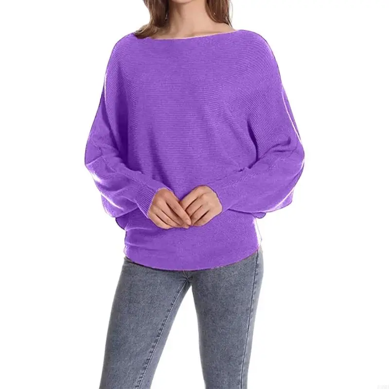 سترة نسائية فضفاضة برقبة على شكل جناح الخفاش وأكمام على شكل قارب، بلوفر كاجوال F3MD