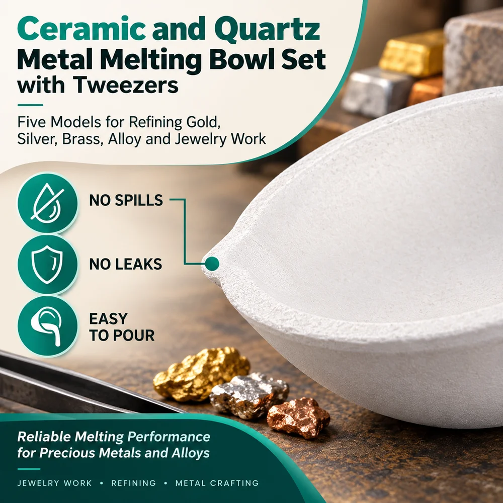 Ceramic and Quartz Metal Melting Bowl Set with Tweezers, Five Models for Refining Gold, Silver, Brass, Alloy and Jewelry Work