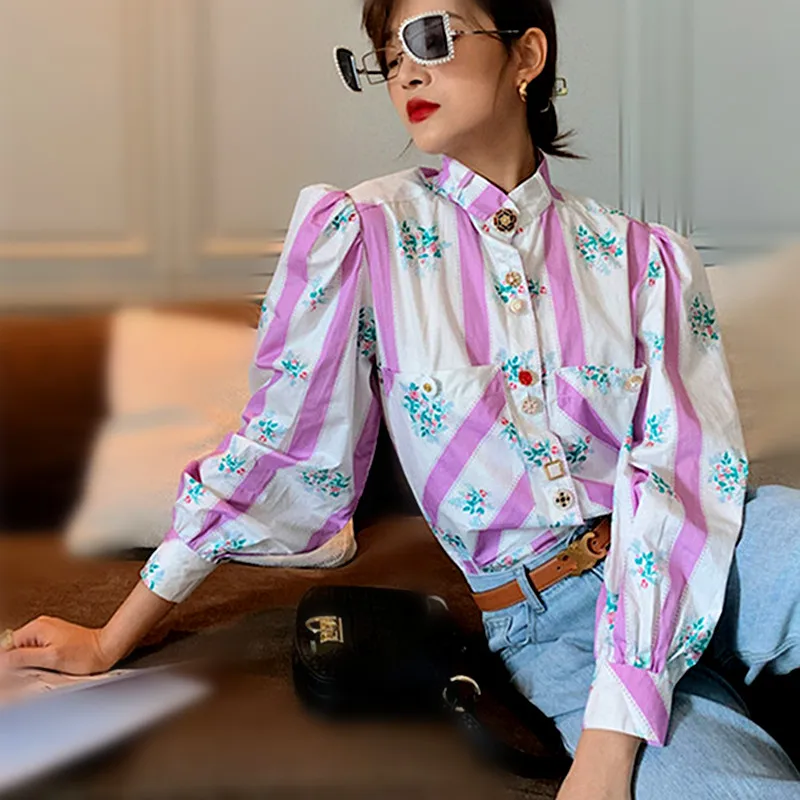 

British Style Women Stripped Print Shirts Stand Colar Bottons Blouses Long Lantern Sleeve Floral Woman Shirts Blouses NS617