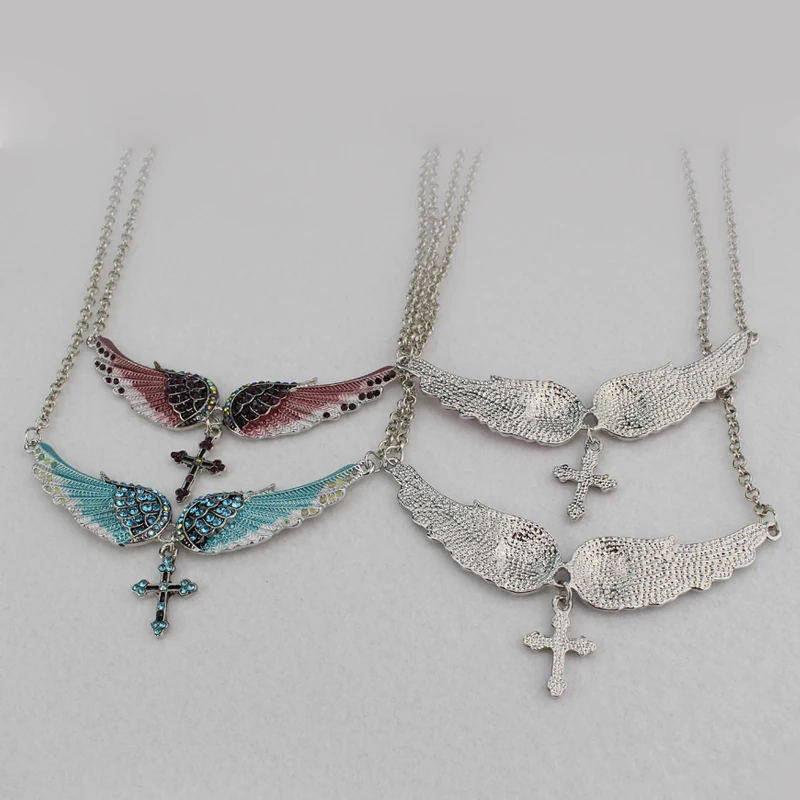 Angel Wings Cross Pendants Necklaces Shell Hard Vintage Charm Crystal Jewelry for Women Bridal Wedding Y2k Accessories Gift