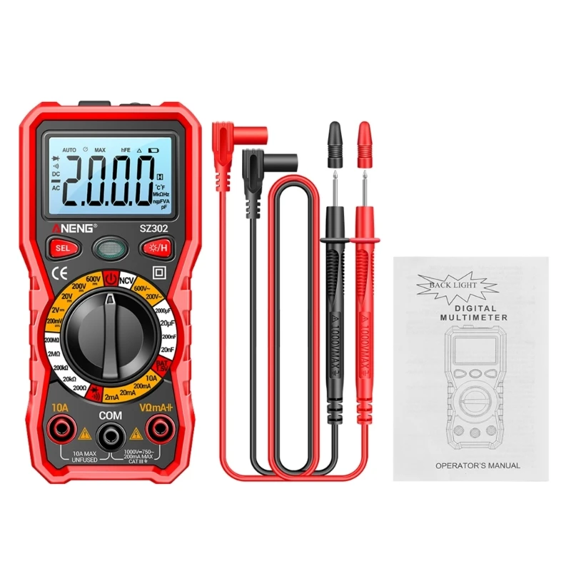 Digital Multimeter with Flashlight & Anti-burn Function Voltage Meter Ohmmeter Auto-Ranging Tester for Household DropShipping