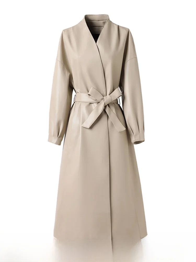 

Ele Women's Medium-Length Leather Jaet with Waist-Cinching Belt Autumn Winter New Arrival High-End eepskin Coat