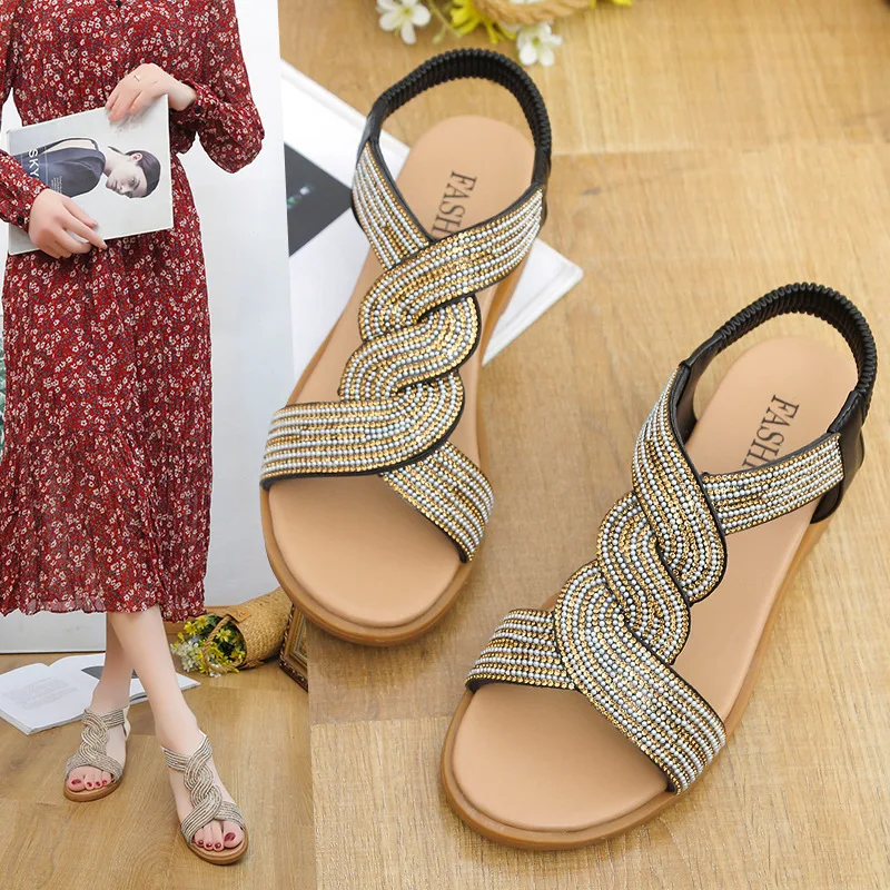 Women Summer Shoes New Cross Strip Design Shing Rhinestone Sandals for Ladies Fashion Casual Elastic Platform Soft Sole Shoes