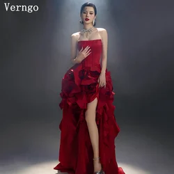 Verngo Red Satin Evening Dress Strapless Side Slit Prom Party Dress Woem 3D Flowers Elegant Prom Gown Customized