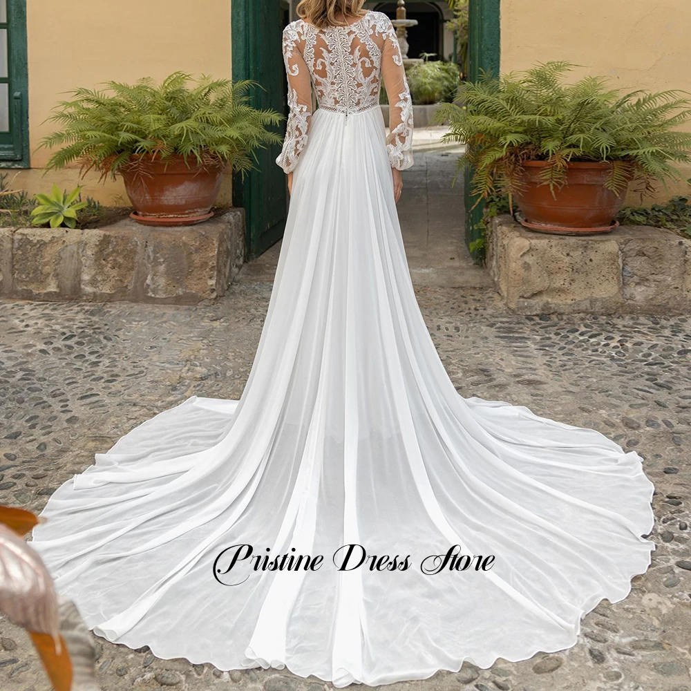 Classic Crew Neck A-Line Chiffon Wedding Dress wth Appliqes Long Sleeves Chapel Train Zippe Back Civil Bridal Gowns Customized