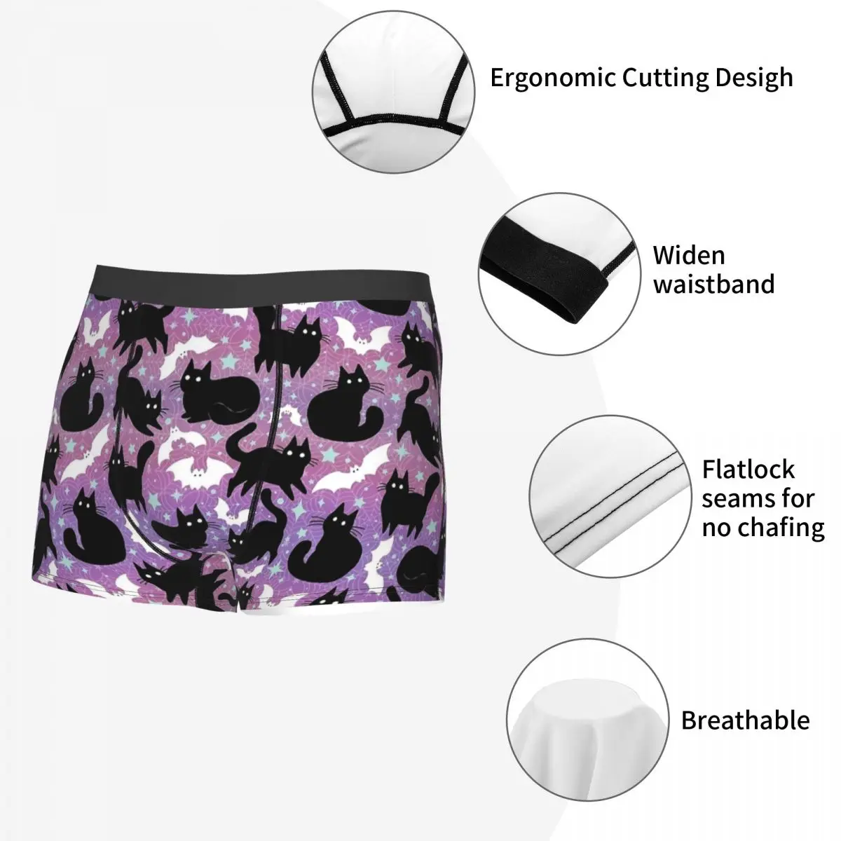 Shorts boxer de Halloween masculino com gatos pretos, roupa íntima longa, cueca macia, calcinha fofa, humor