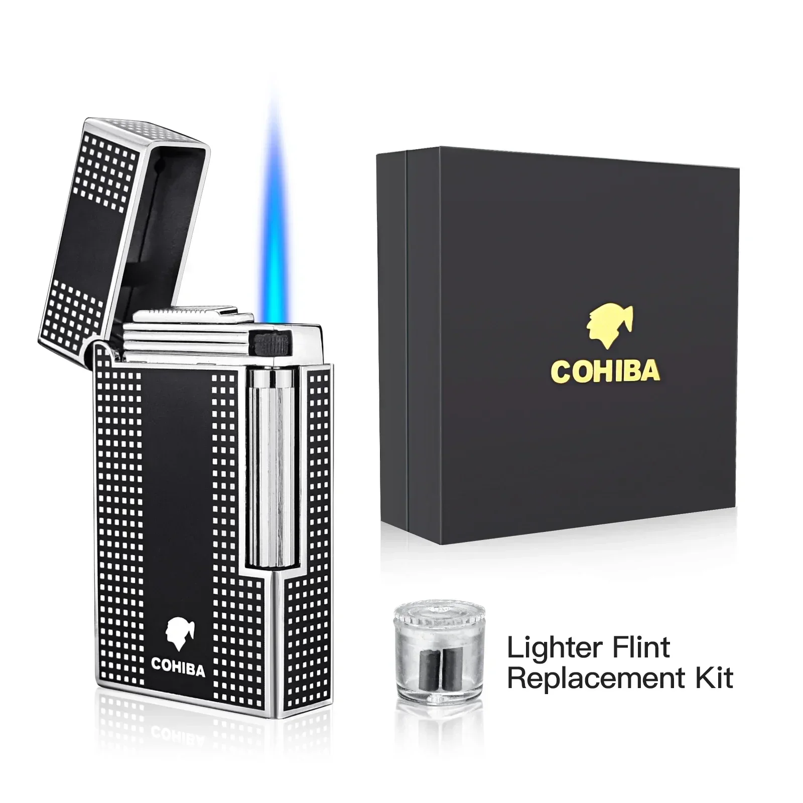 COHIBA Inflatable Lighter Windproof Blue Flame Direct Spray Cigar Igniter Cigar Knife Opener Exquisite Gift Box for Friends