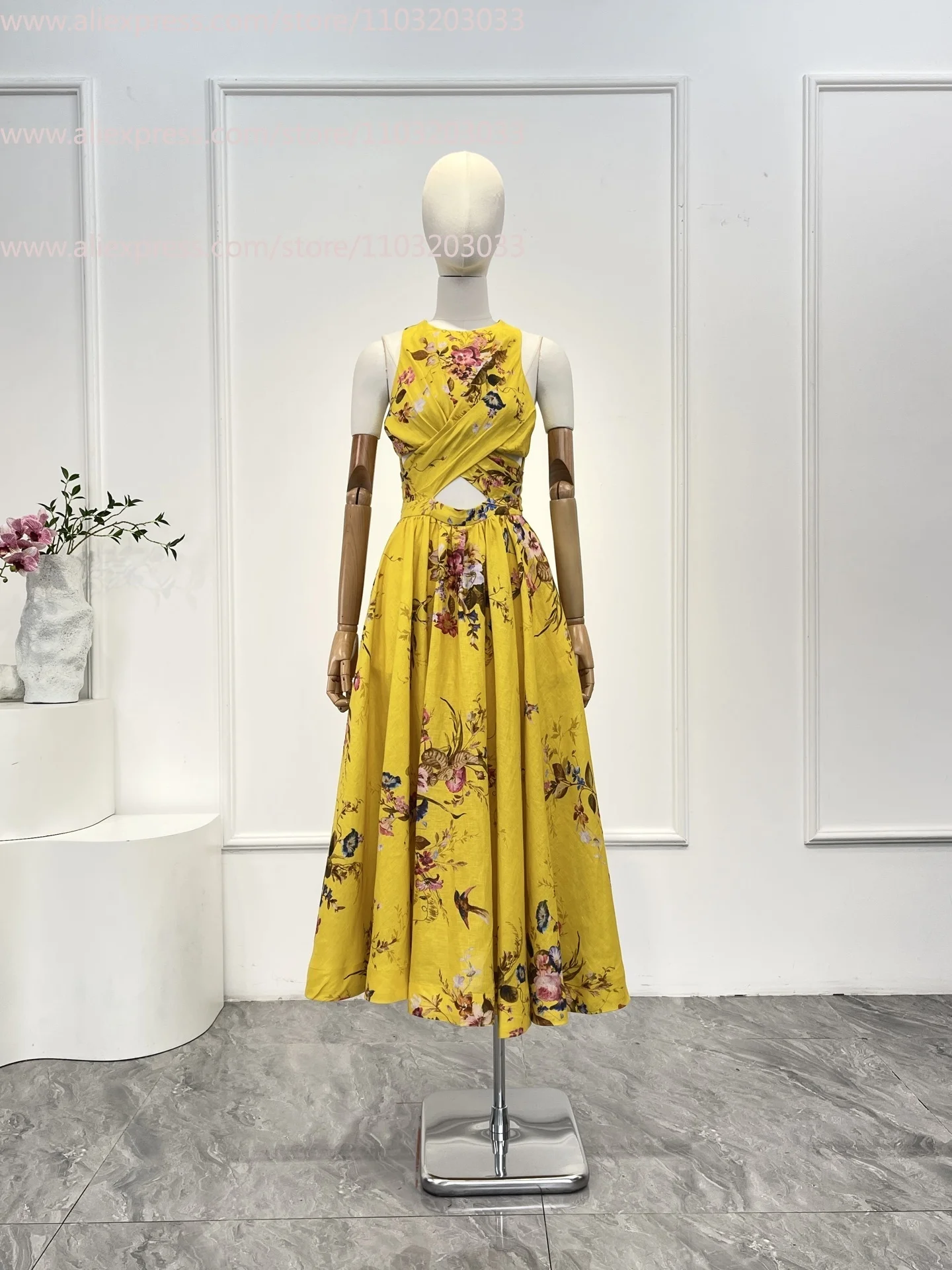 Casual dames taille uitgesneden bloemenprint mouwloze midi-jurk