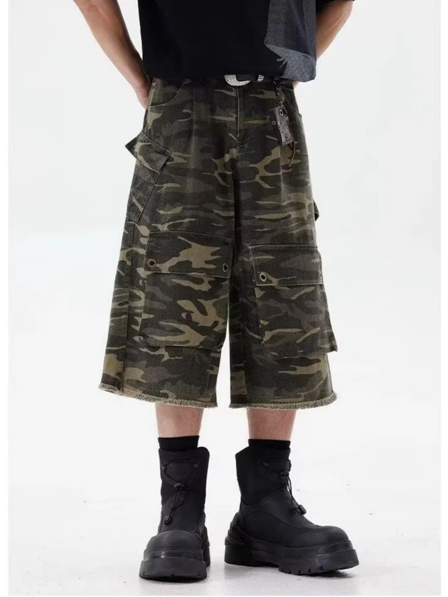

American Retro Camouflage Workwear Seven-Foot Pants Men Summer New Street Style Loose Straight Wide-Leg Jeans Mid-Pants