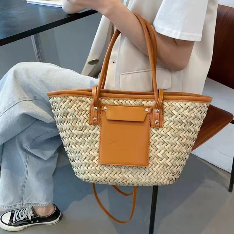 Women Straw Woven Tote Bag,fashion Rattan Handbag,large Capacity Ladies Summer Beach Shoulder Bag Multifunctional Shopping Bag