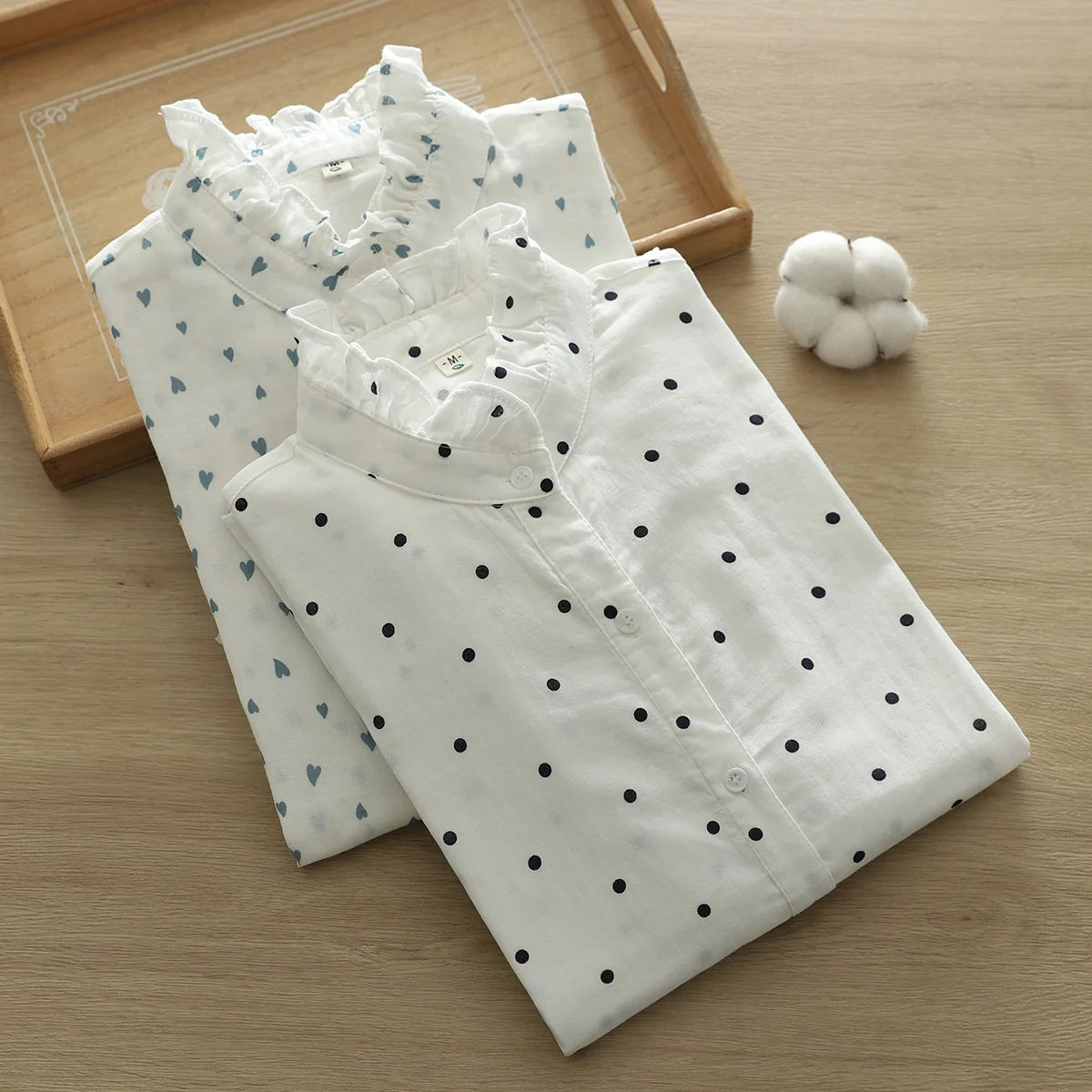 100% Cotton yarn blouses for women 2024 Japan style sweet stand collar polka dots blouse backing shirts tall tops spring lolita