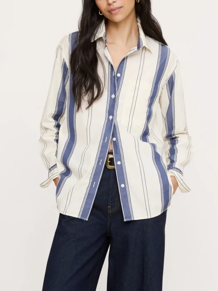 

UOOZEE женские модные полосатые рубашки с лацканами контрастного цвета, новинка 2026, весенние повседневные офисные блузки с длинными рукавами и свободными карманами