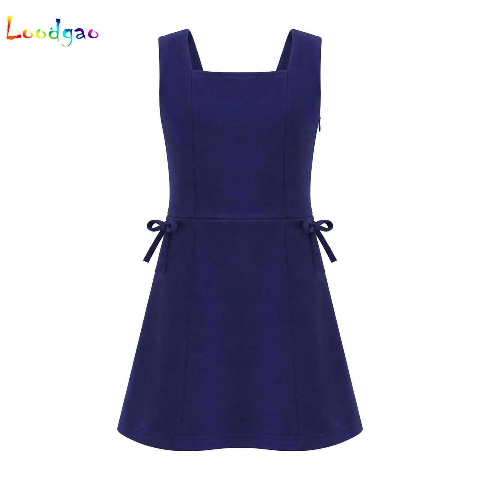 Kids Girls School Uniform Dress Square Collar Sleeveless Side Zipper Dress Bowknot Pockets Jumper Classroom School Events Wear