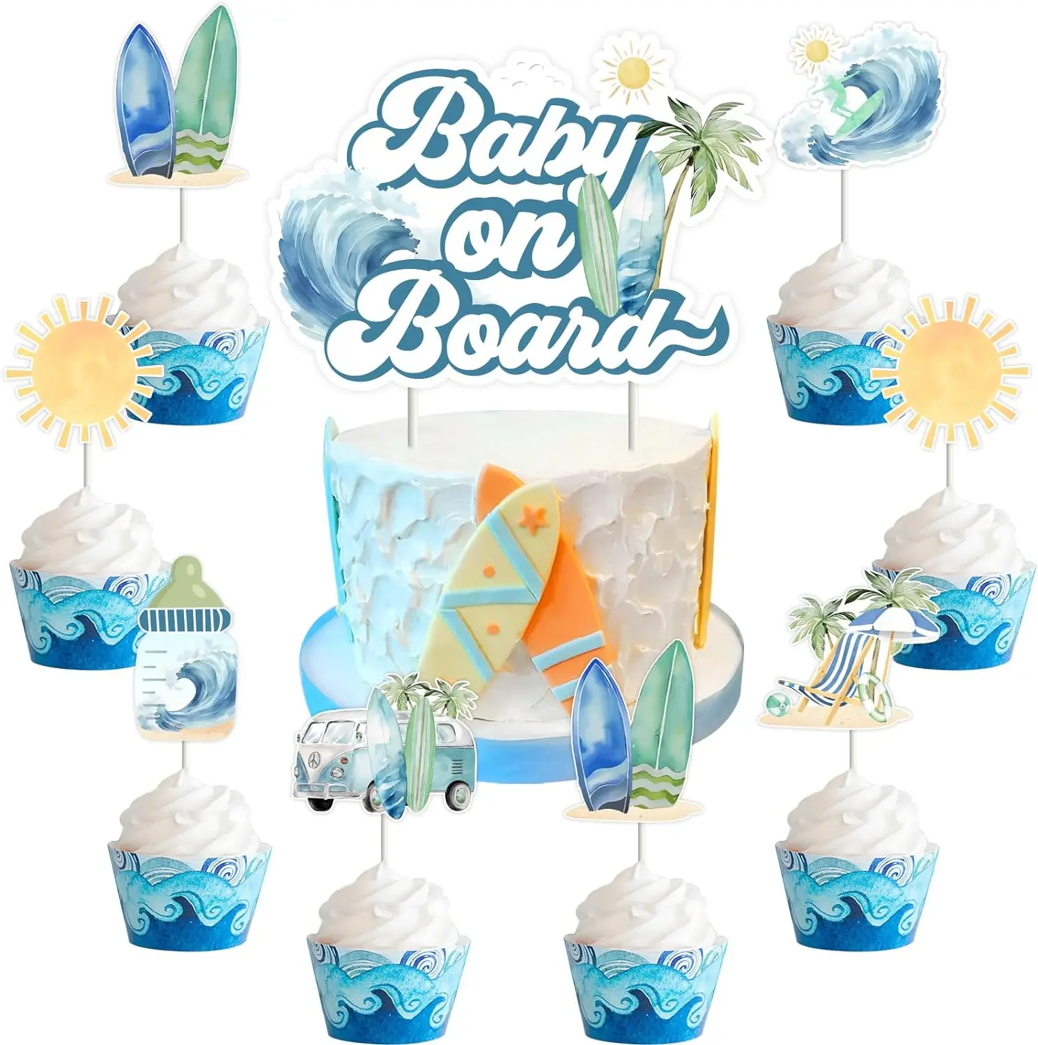 

Baby on Board Cake Toppers, Summer Surf Baby Shower Decor, Cupcake Toppers, Hawaii Beach Baby Shower Decors