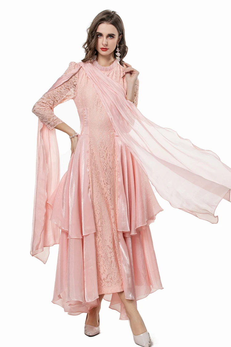 Vestido feminino com babados, gola drapeada, mangas compridas, babados em camadas, elegante, moda, vestido de festa